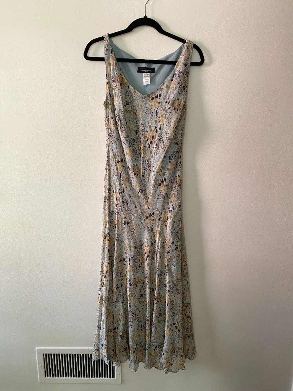 VTG y2k 100% Silk Blue Abstract Floral Bias Cut Dress Boho Fairy Size 16W